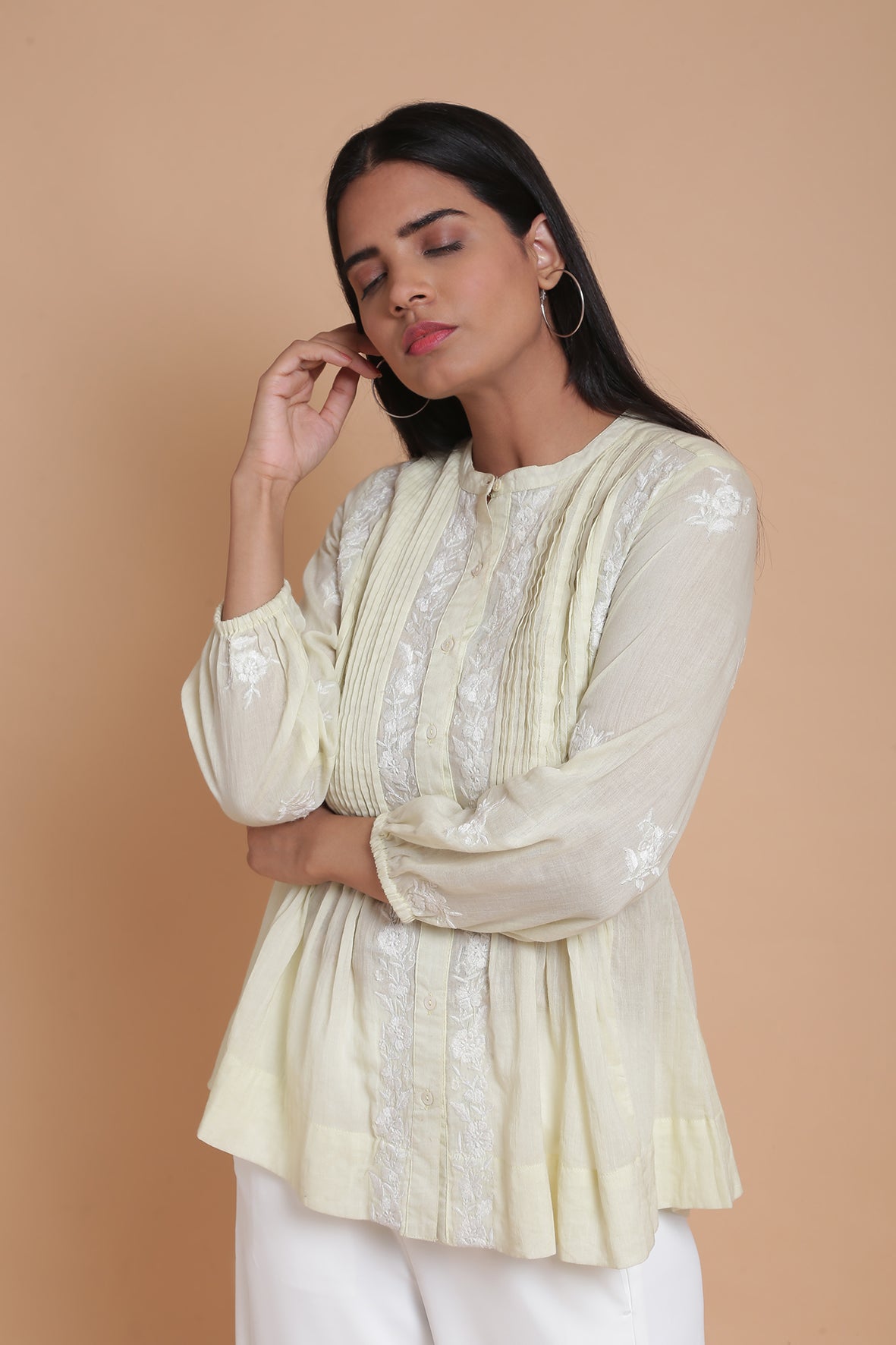 Lime Yellow Mulmul Pleated Embroidered Top