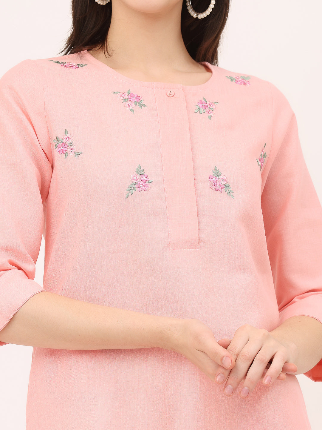 HI-LOW EMBROIDERED KURTA- Crystal Rose