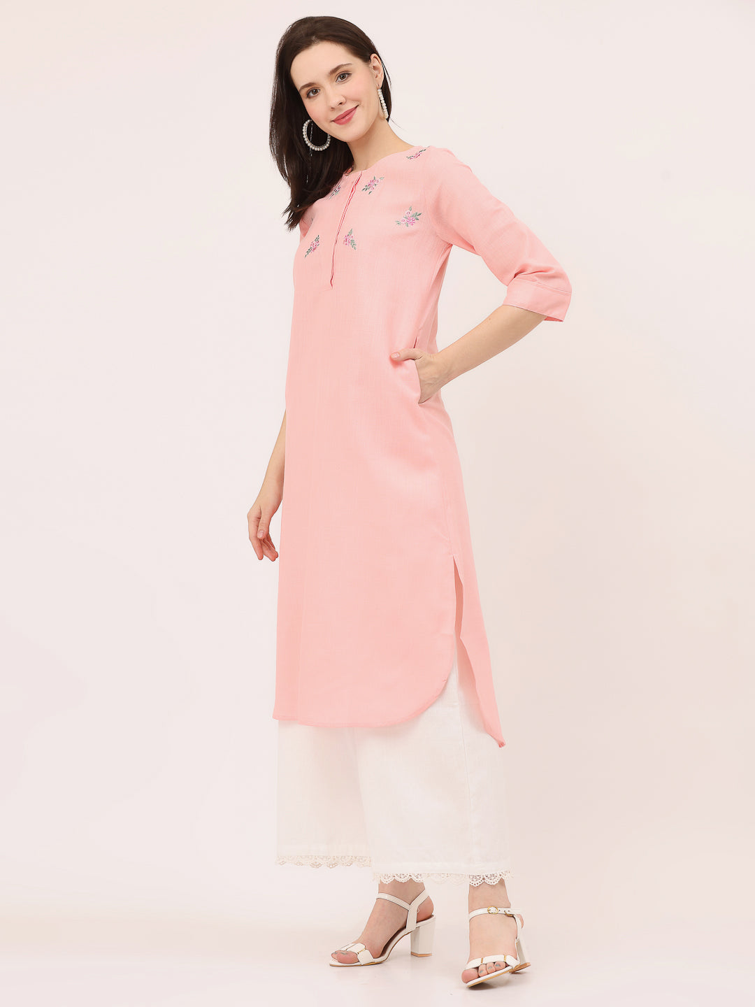 HI-LOW EMBROIDERED KURTA- Crystal Rose