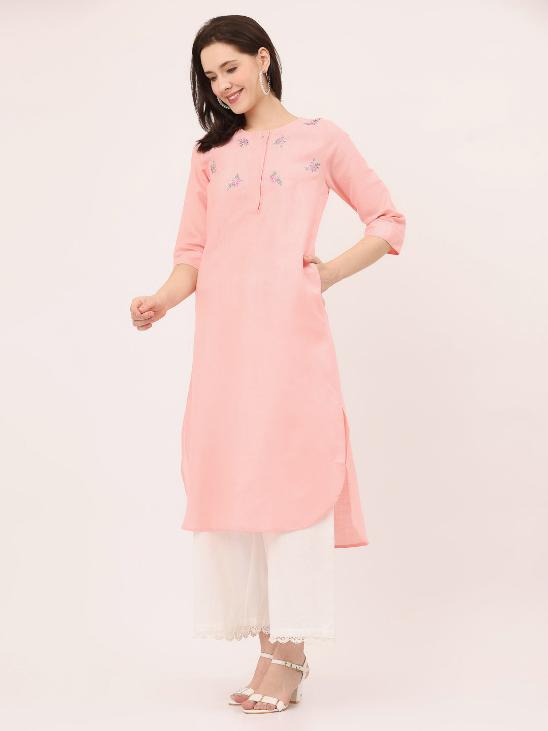 HI-LOW EMBROIDERED KURTA- Crystal Rose
