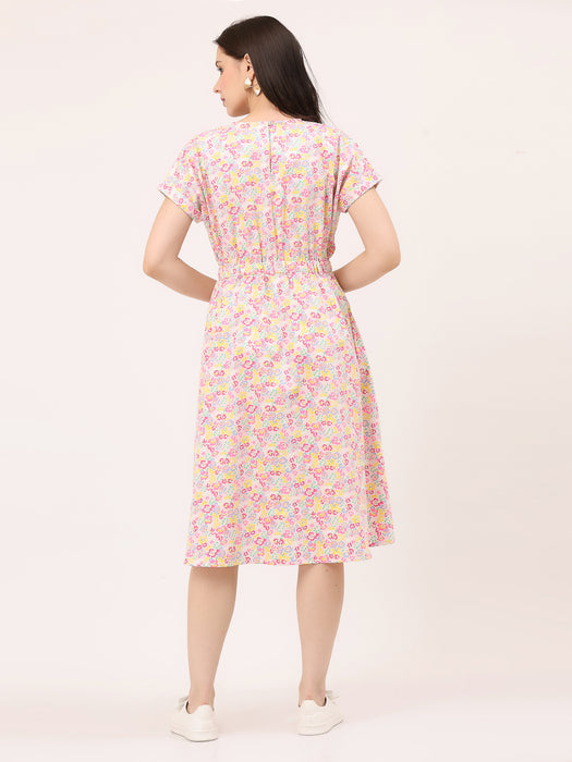 FIT & FLARE ELASTICATED WAIST DRESS- Off-white flowers