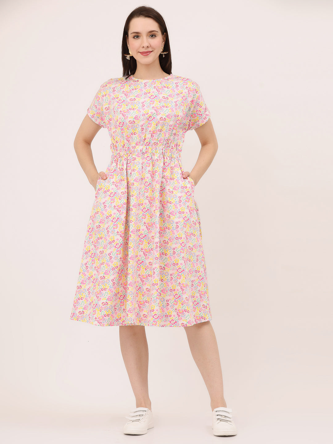 FIT & FLARE ELASTICATED WAIST DRESS- Off-white flowers