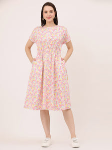 FIT & FLARE ELASTICATED WAIST DRESS- Off-white flowers