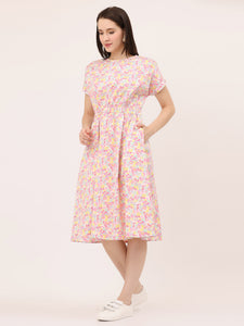 FIT & FLARE ELASTICATED WAIST DRESS- Off-white flowers