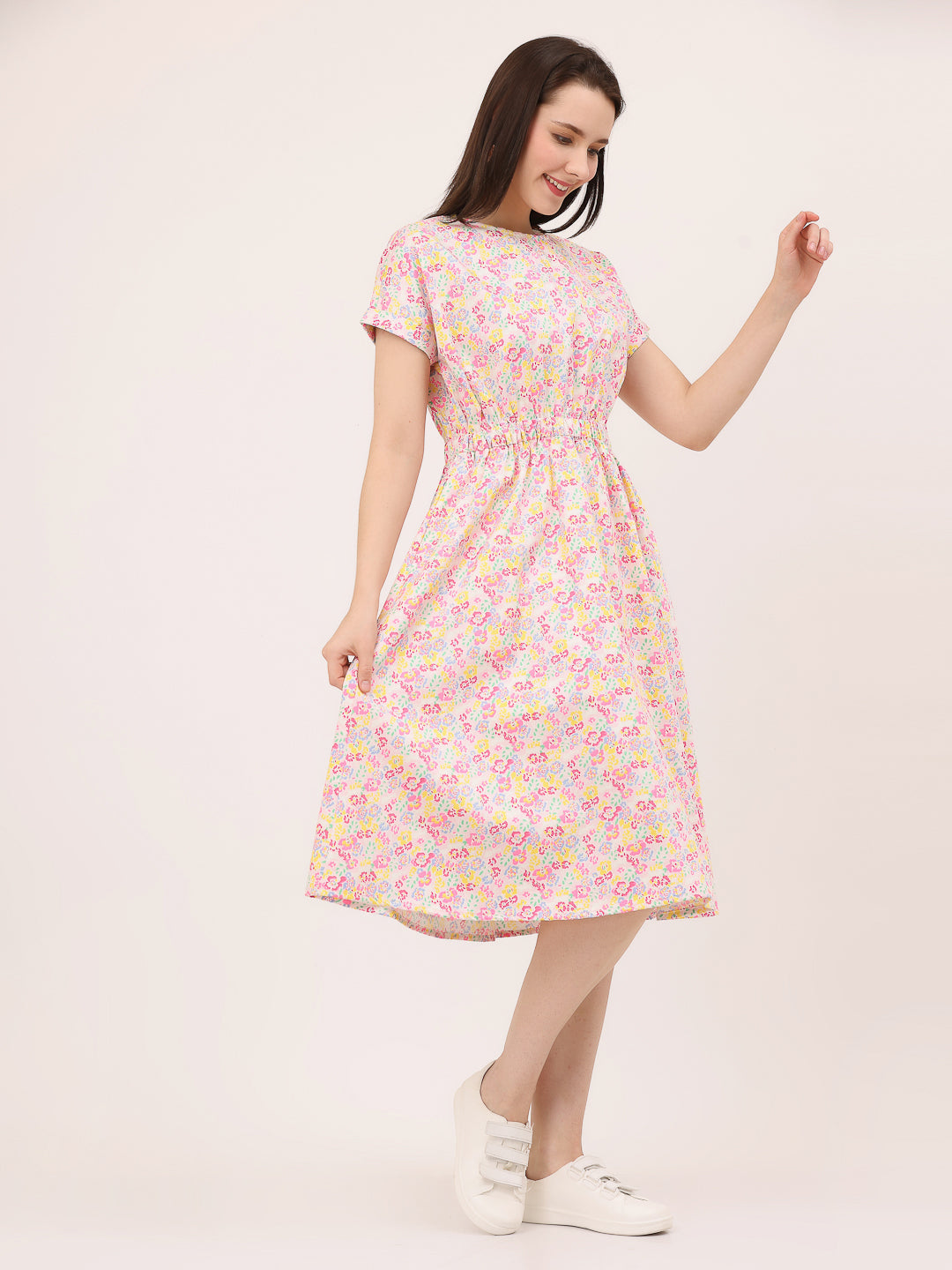 FIT & FLARE ELASTICATED WAIST DRESS- Off-white flowers