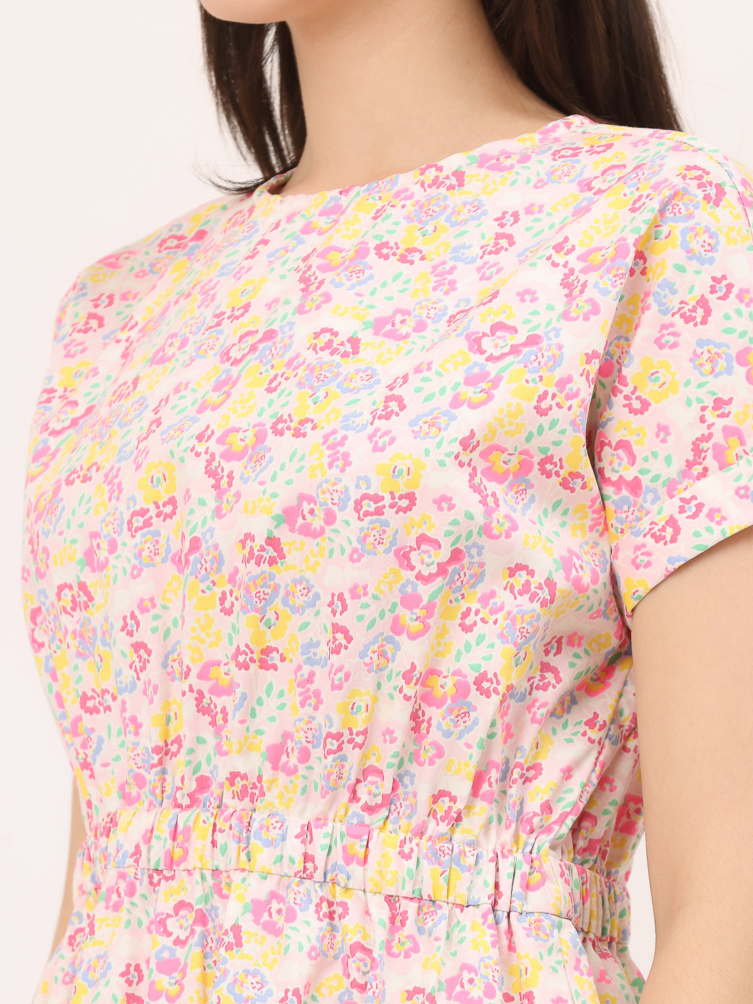 FIT & FLARE ELASTICATED WAIST DRESS- Off-white flowers