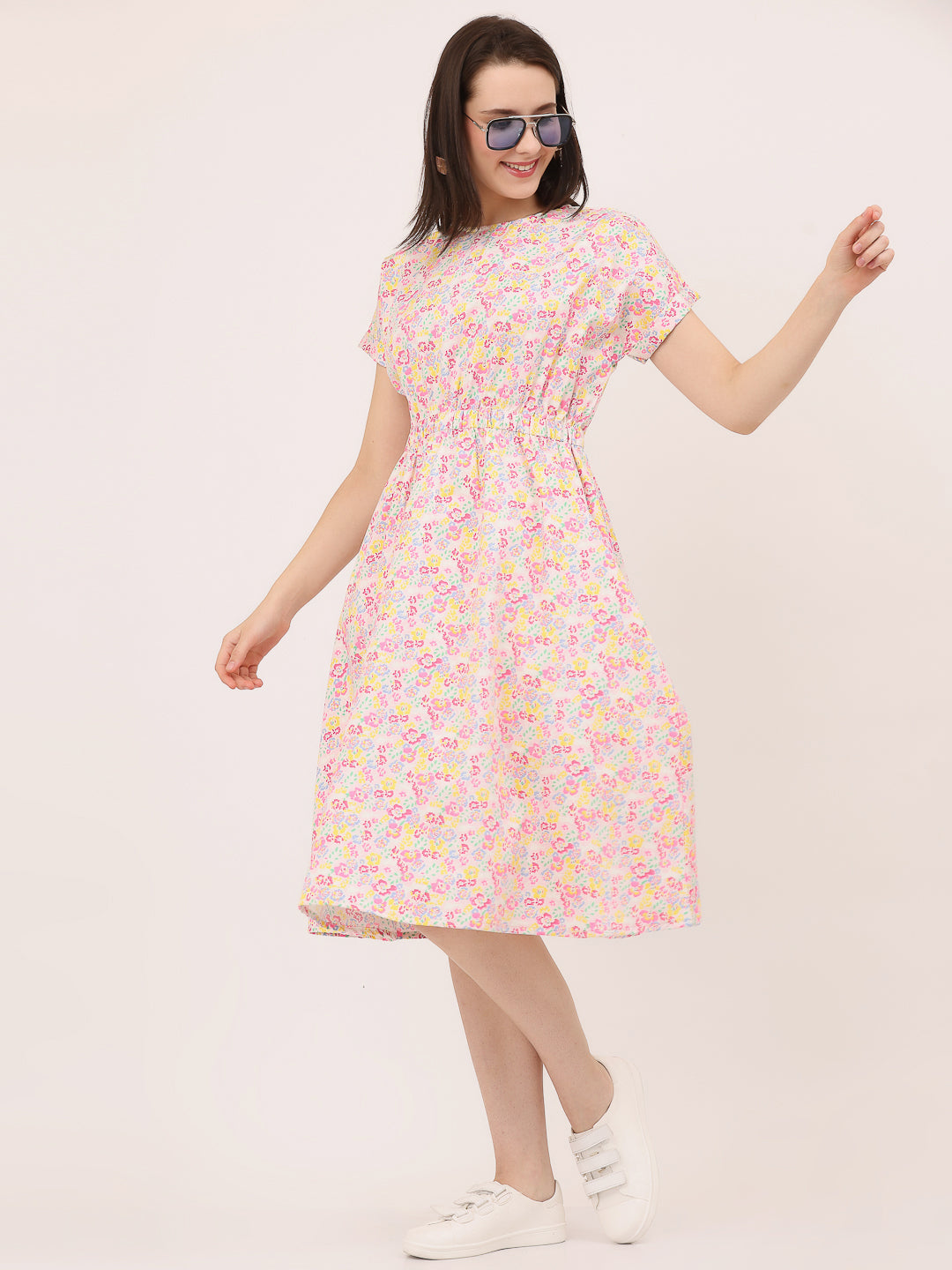 FIT & FLARE ELASTICATED WAIST DRESS- Off-white flowers