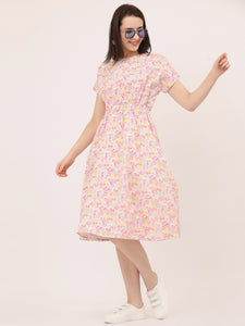 FIT & FLARE ELASTICATED WAIST DRESS- Off-white flowers