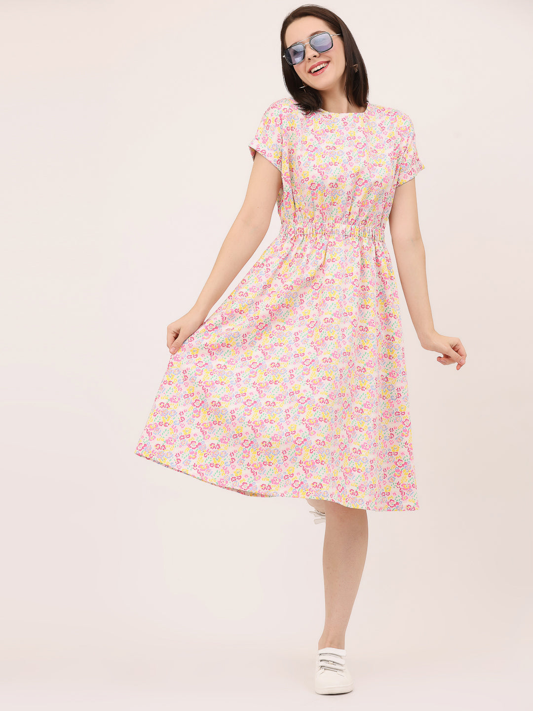 FIT & FLARE ELASTICATED WAIST DRESS- Off-white flowers