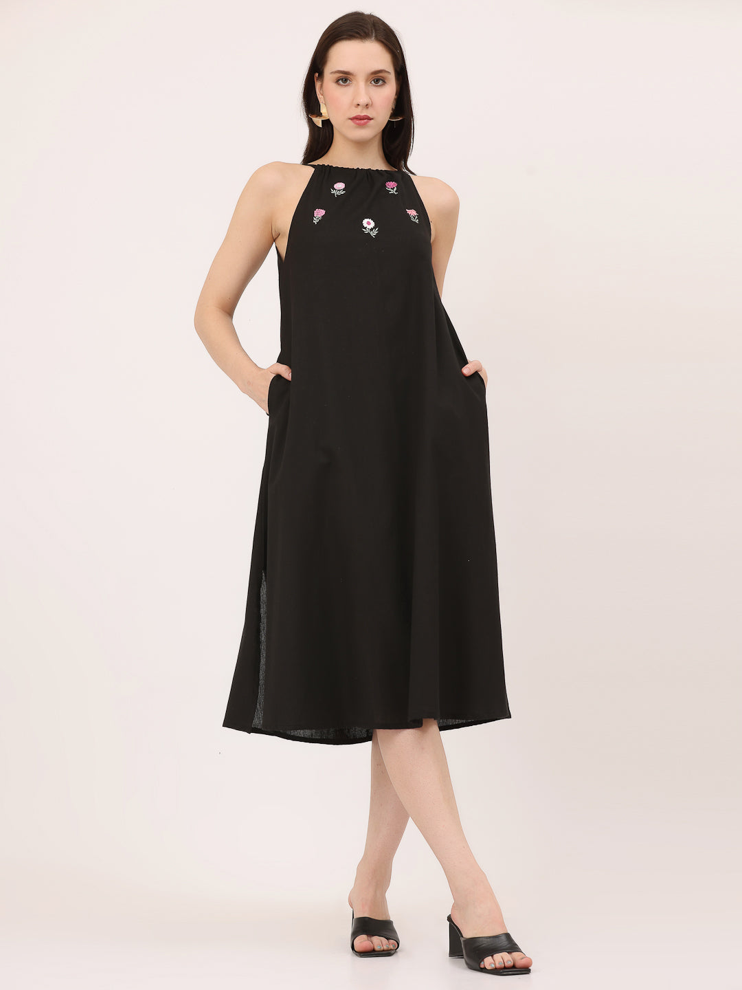 HALTER EMBROIDERED DRESS- Black