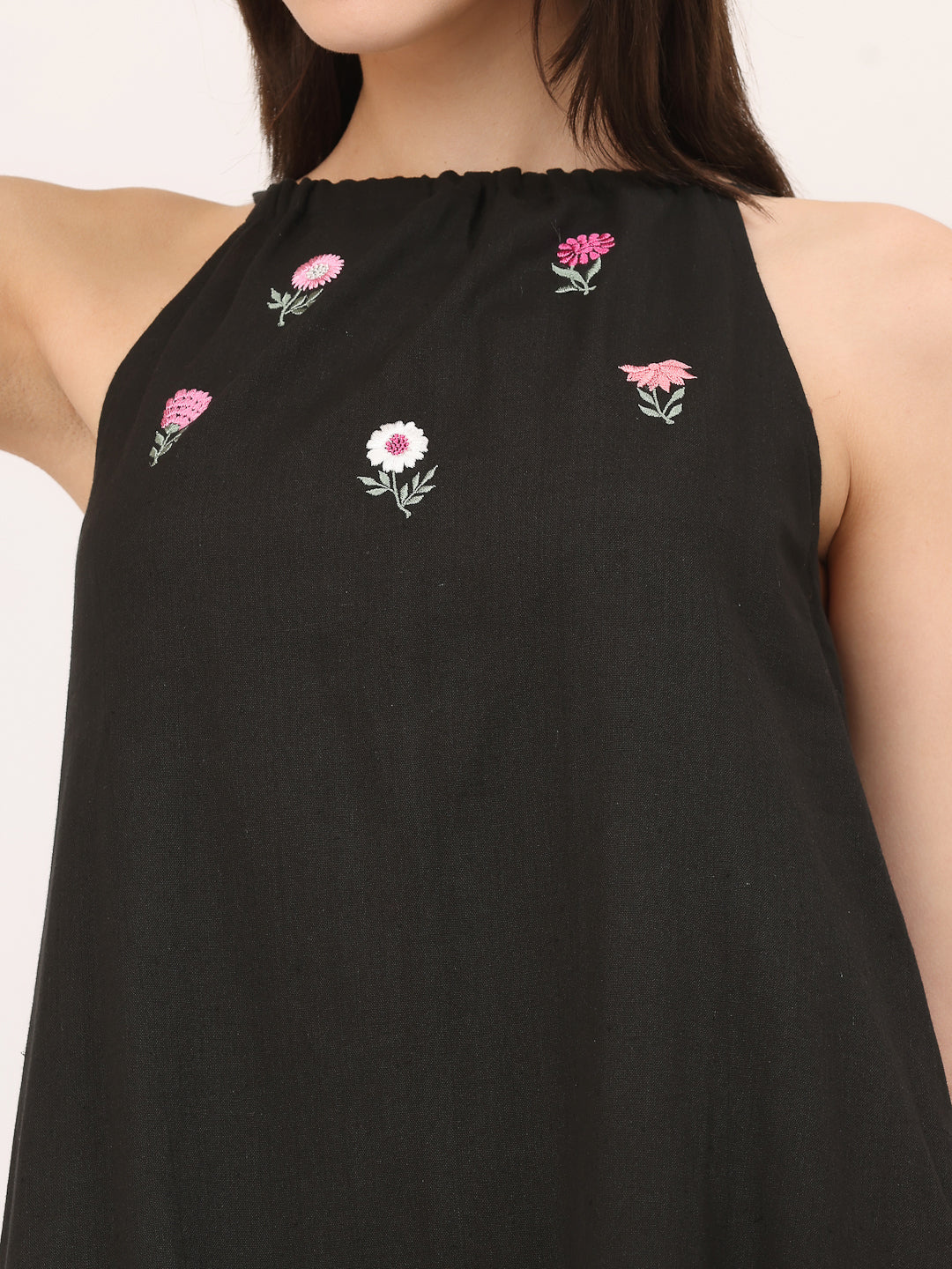 HALTER EMBROIDERED DRESS- Black