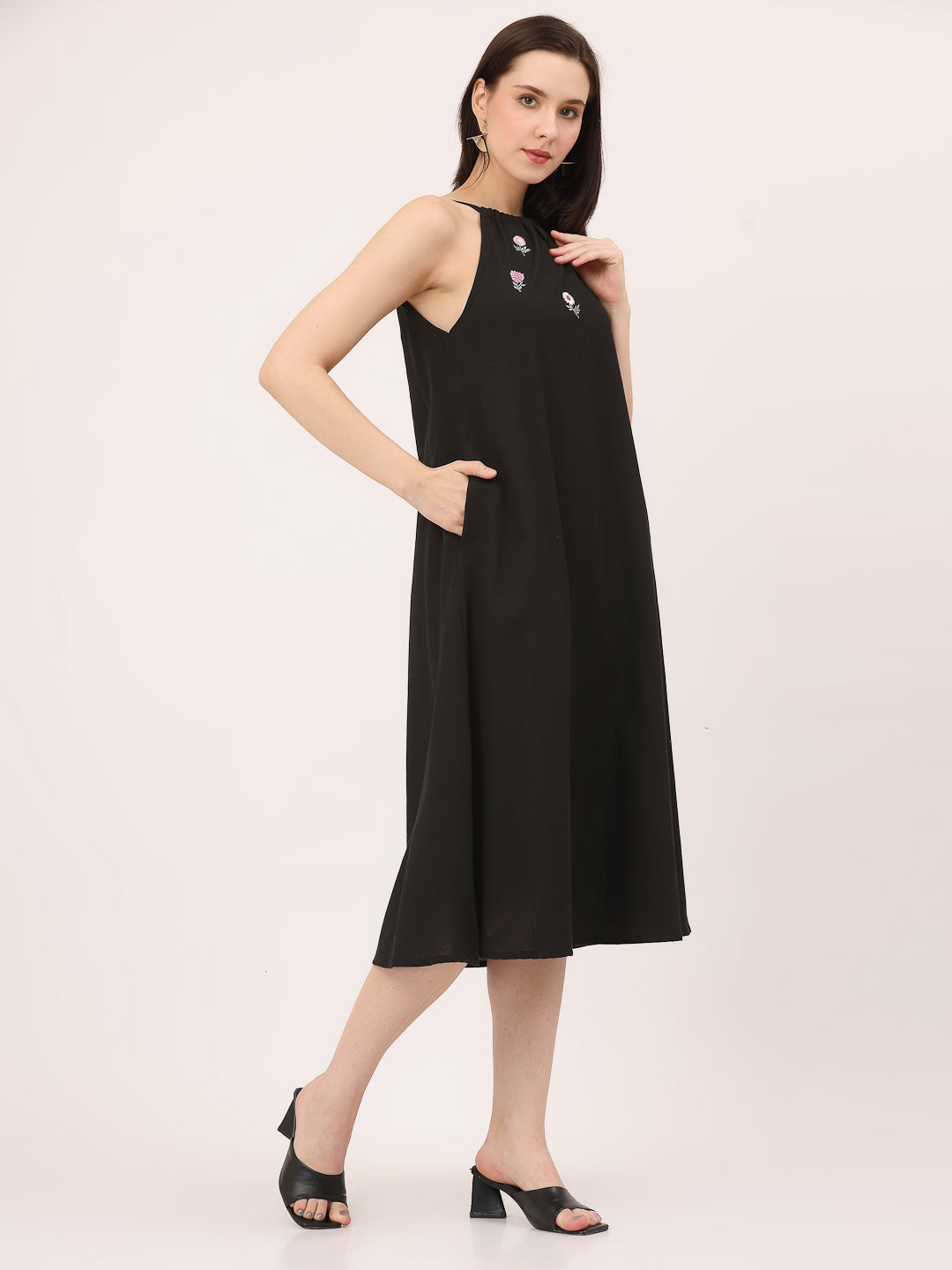 HALTER EMBROIDERED DRESS- Black