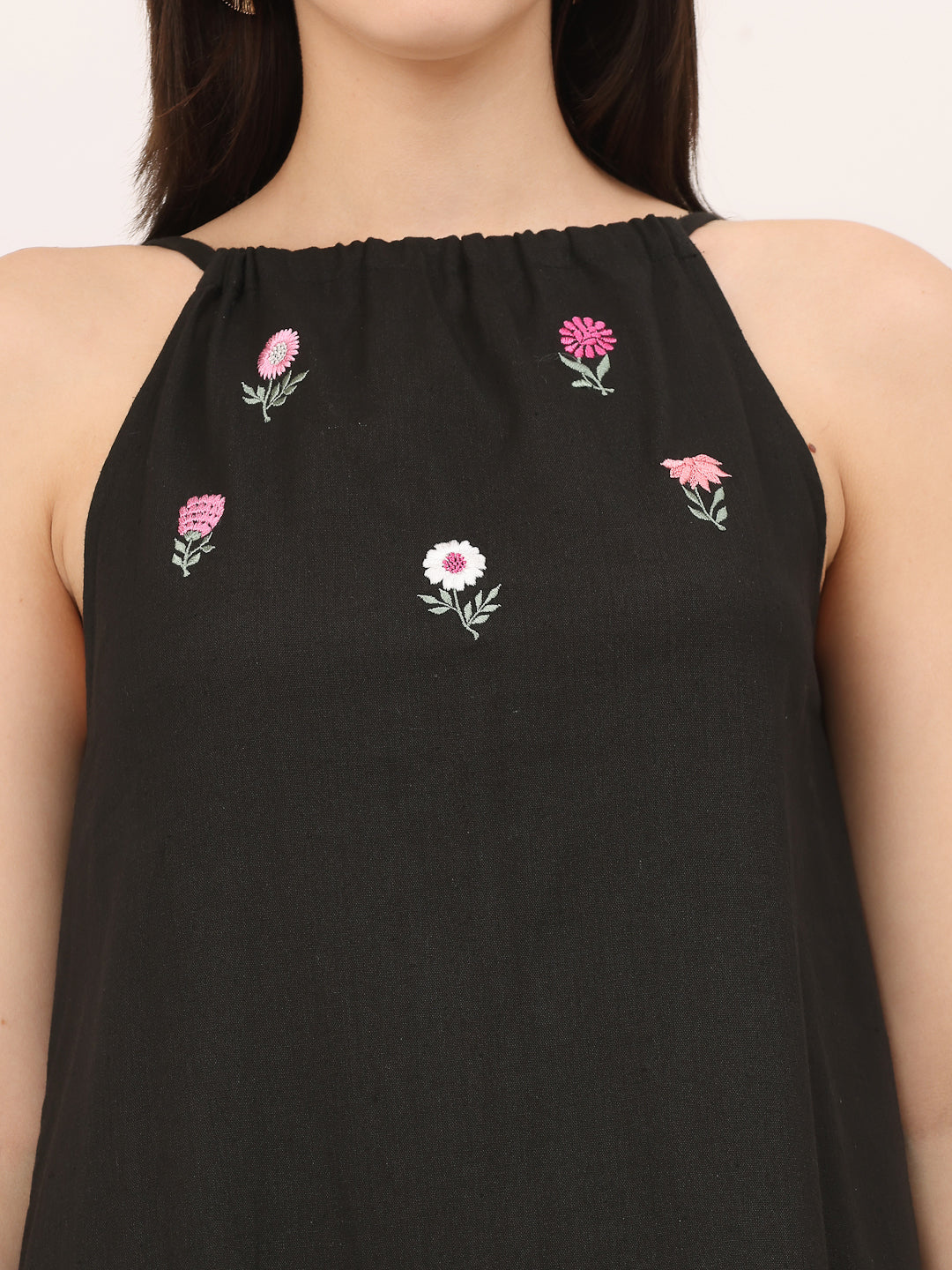 HALTER EMBROIDERED DRESS- Black