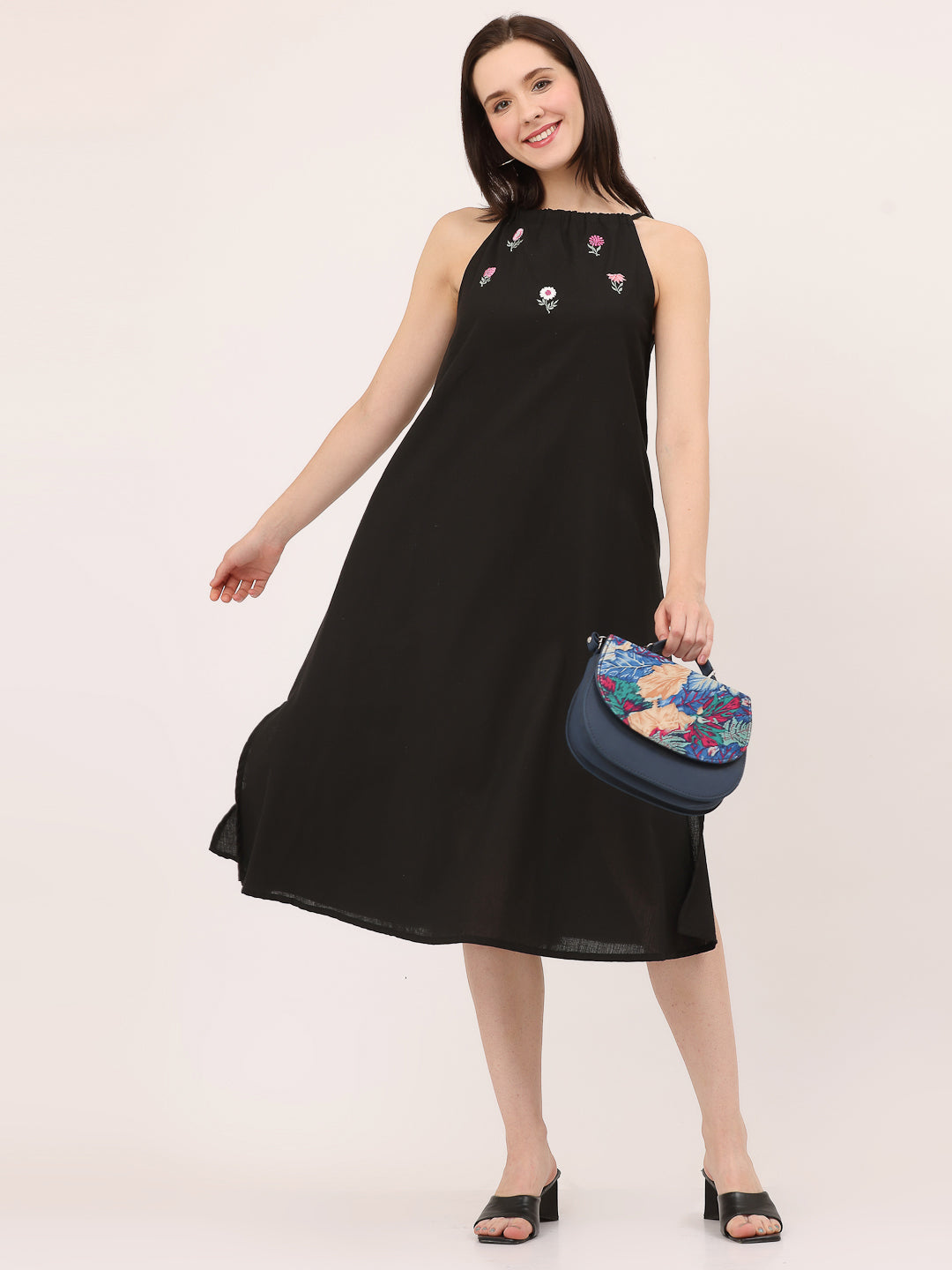 HALTER EMBROIDERED DRESS- Black