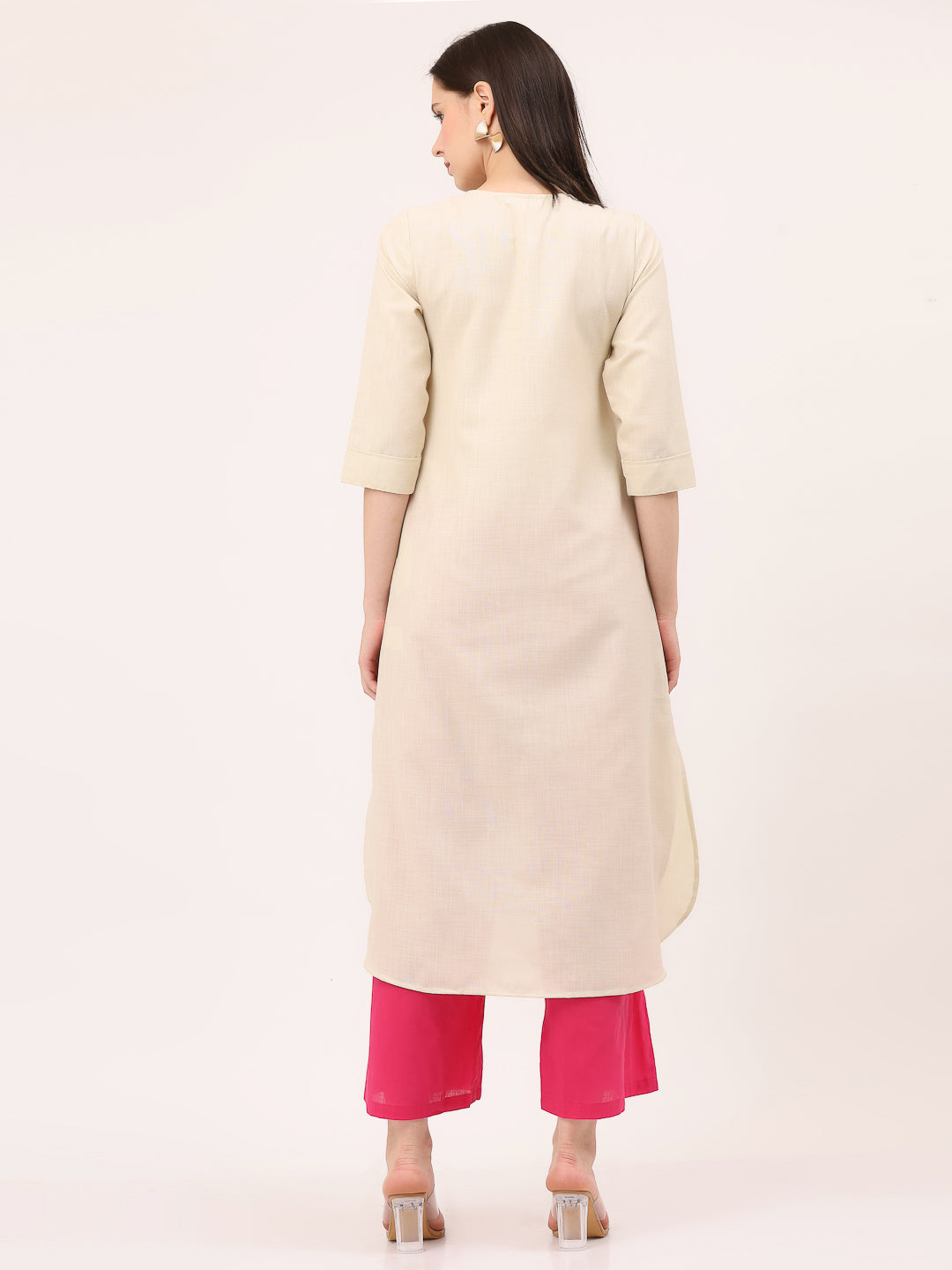HI-LOW EMBROIDERED KURTA- Pastel Cream