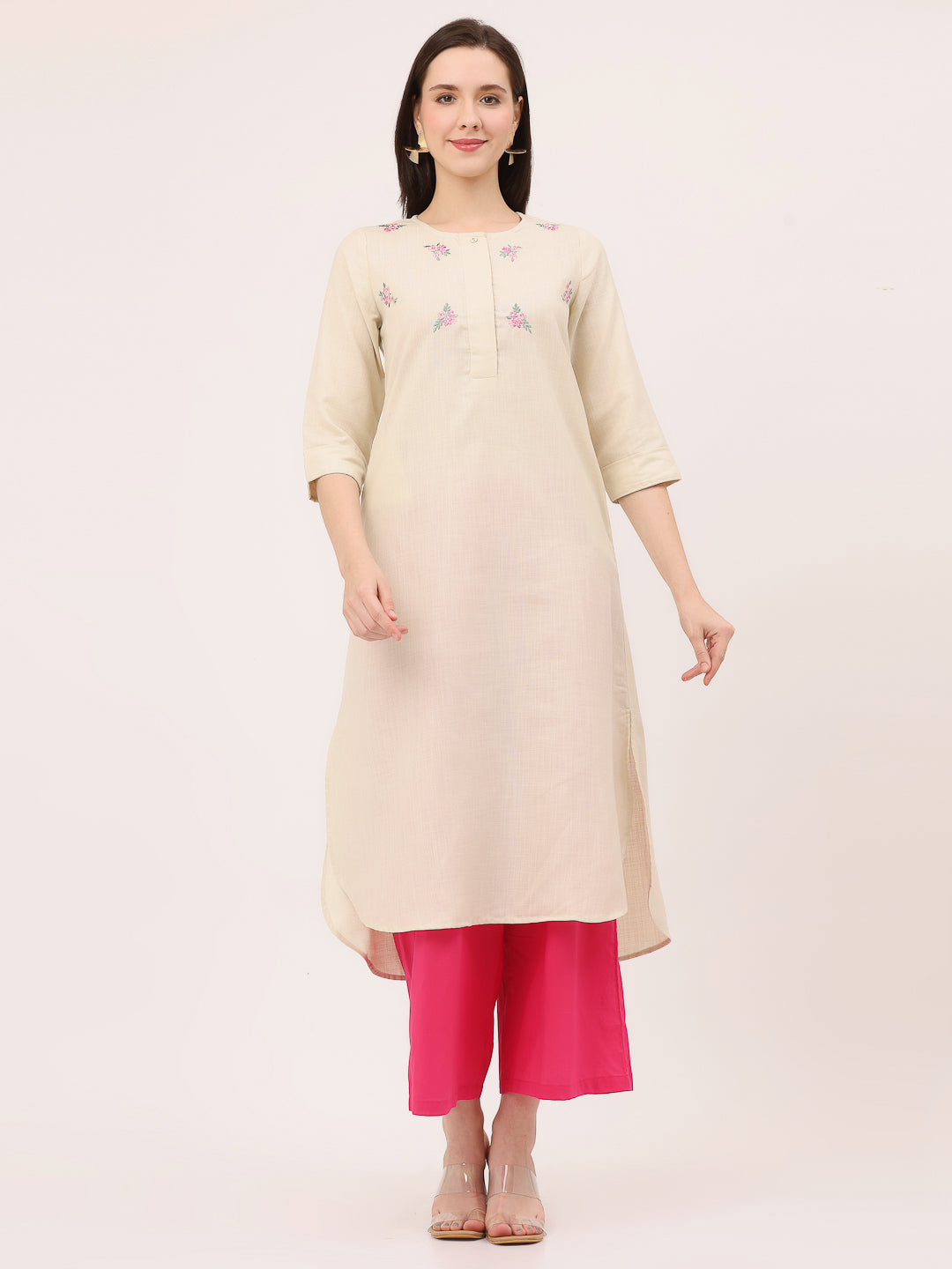 HI-LOW EMBROIDERED KURTA- Pastel Cream