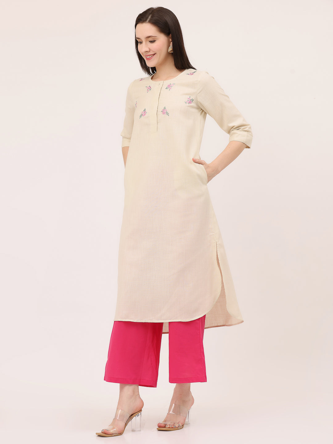 HI-LOW EMBROIDERED KURTA- Pastel Cream