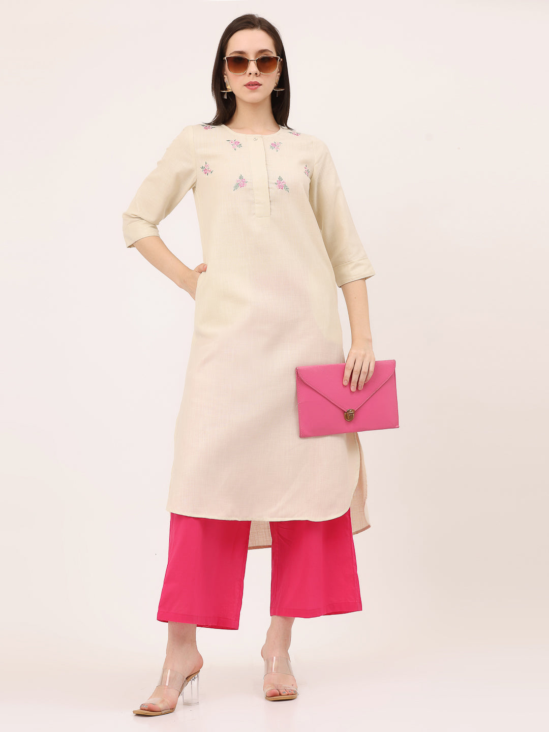 HI-LOW EMBROIDERED KURTA- Pastel Cream
