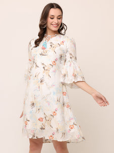 Off white Floral Textured Rayon Dress with colorful tassels