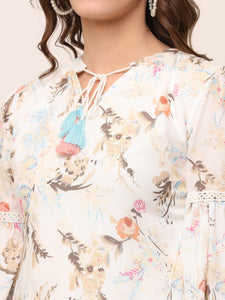 Off white Floral Textured Rayon Dress with colorful tassels