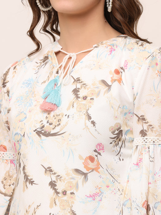 Off white Floral Textured Rayon Dress with colorful tassels