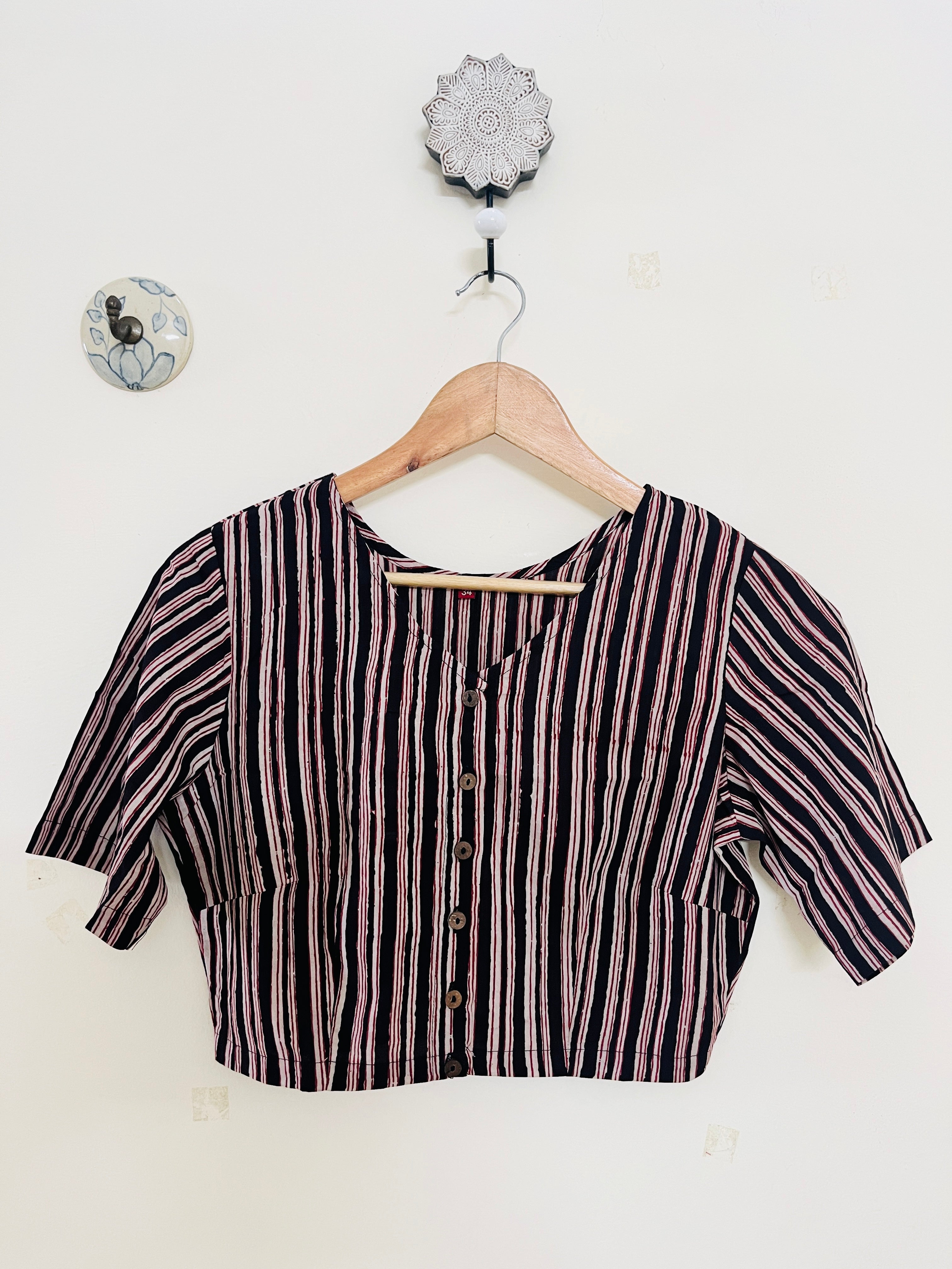 BLACK FINE STRIPE V-NECK COTTON BLOUSE