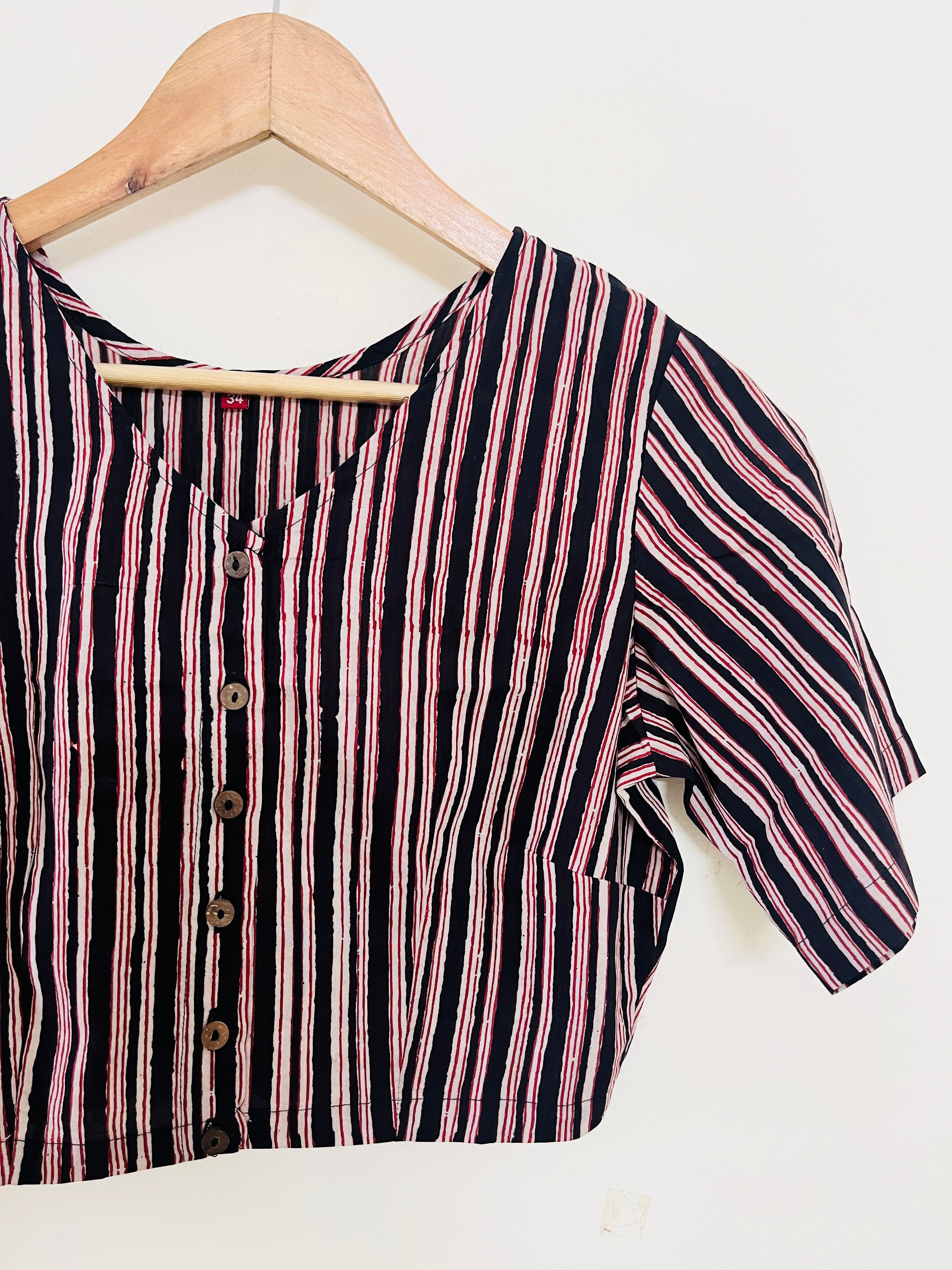 BLACK FINE STRIPE V-NECK COTTON BLOUSE
