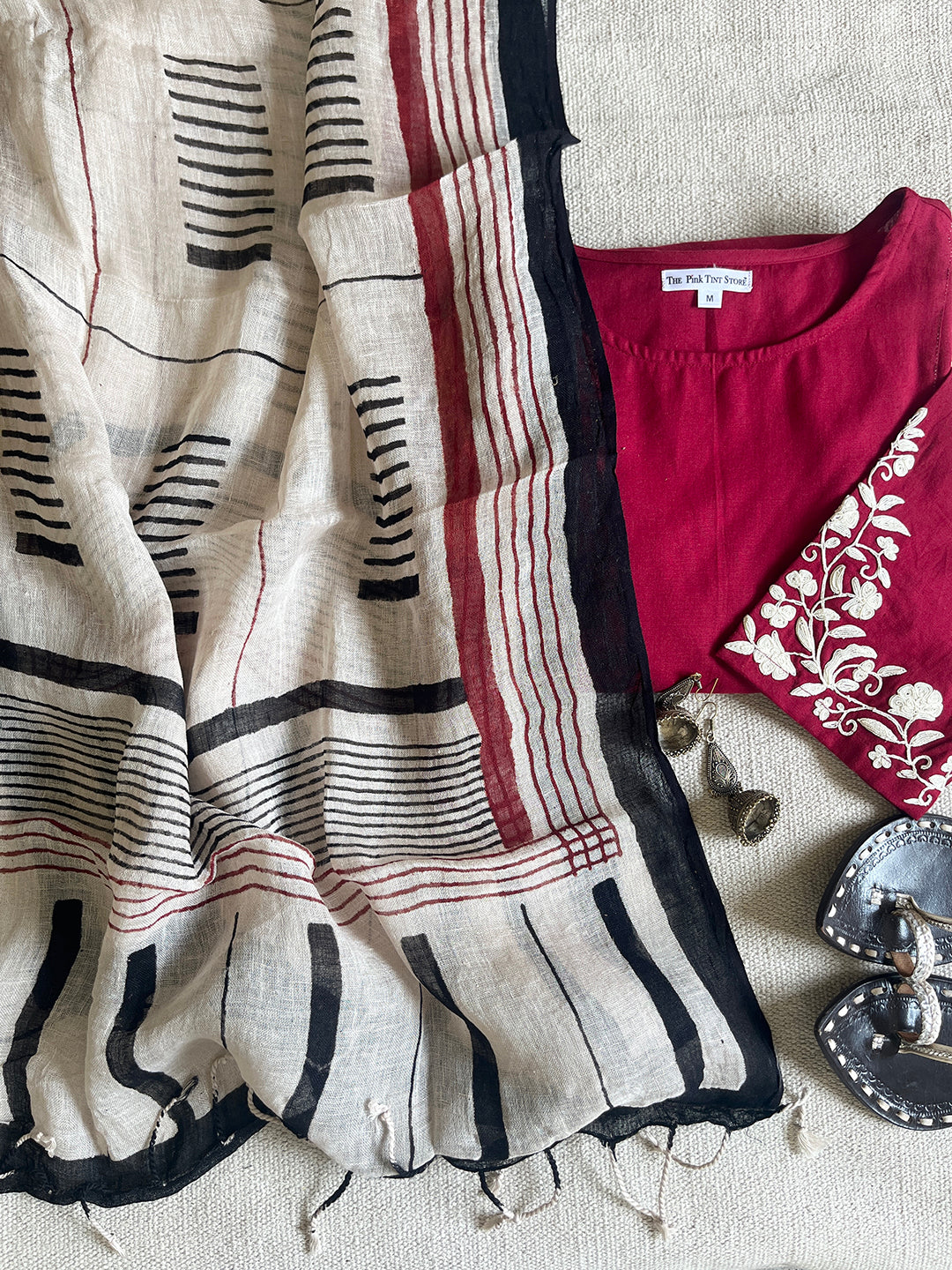 "GEOMETRIC-LINE-ART" HAND-BLOCK PRINTED LINEN DUPATTA