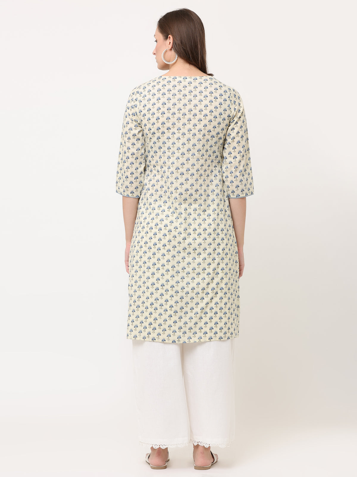 OFF-WHITE & BLUE BLOCK PRINTED KURTA WITH POCKETS