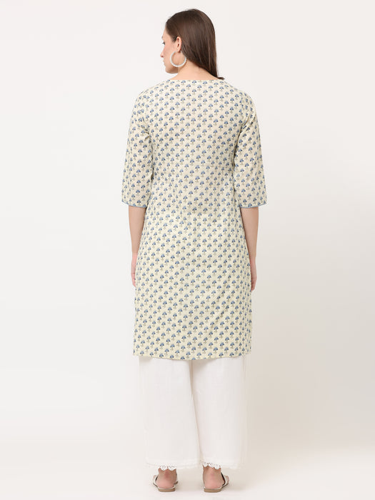 OFF-WHITE & BLUE BLOCK PRINTED KURTA WITH POCKETS