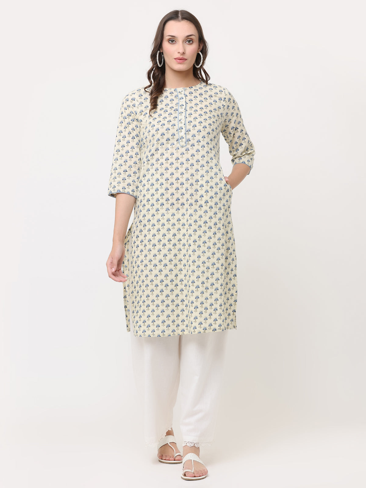 OFF-WHITE & BLUE BLOCK PRINTED KURTA WITH POCKETS