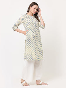 OFF-WHITE & BLUE BLOCK PRINTED KURTA WITH POCKETS