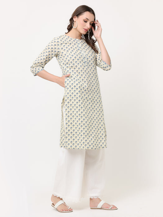 OFF-WHITE & BLUE BLOCK PRINTED KURTA WITH POCKETS