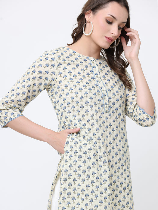 OFF-WHITE & BLUE BLOCK PRINTED KURTA WITH POCKETS