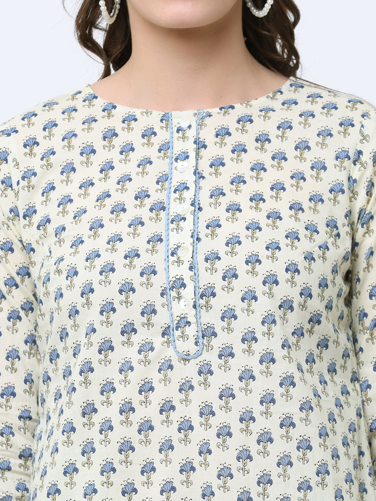 OFF-WHITE & BLUE BLOCK PRINTED KURTA WITH POCKETS