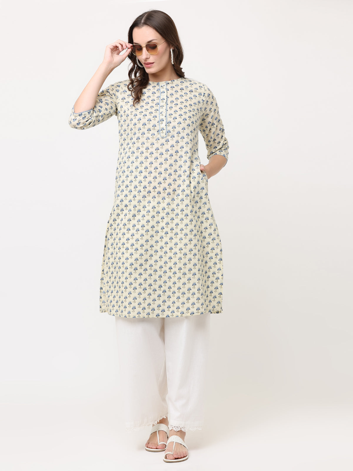OFF-WHITE & BLUE BLOCK PRINTED KURTA WITH POCKETS
