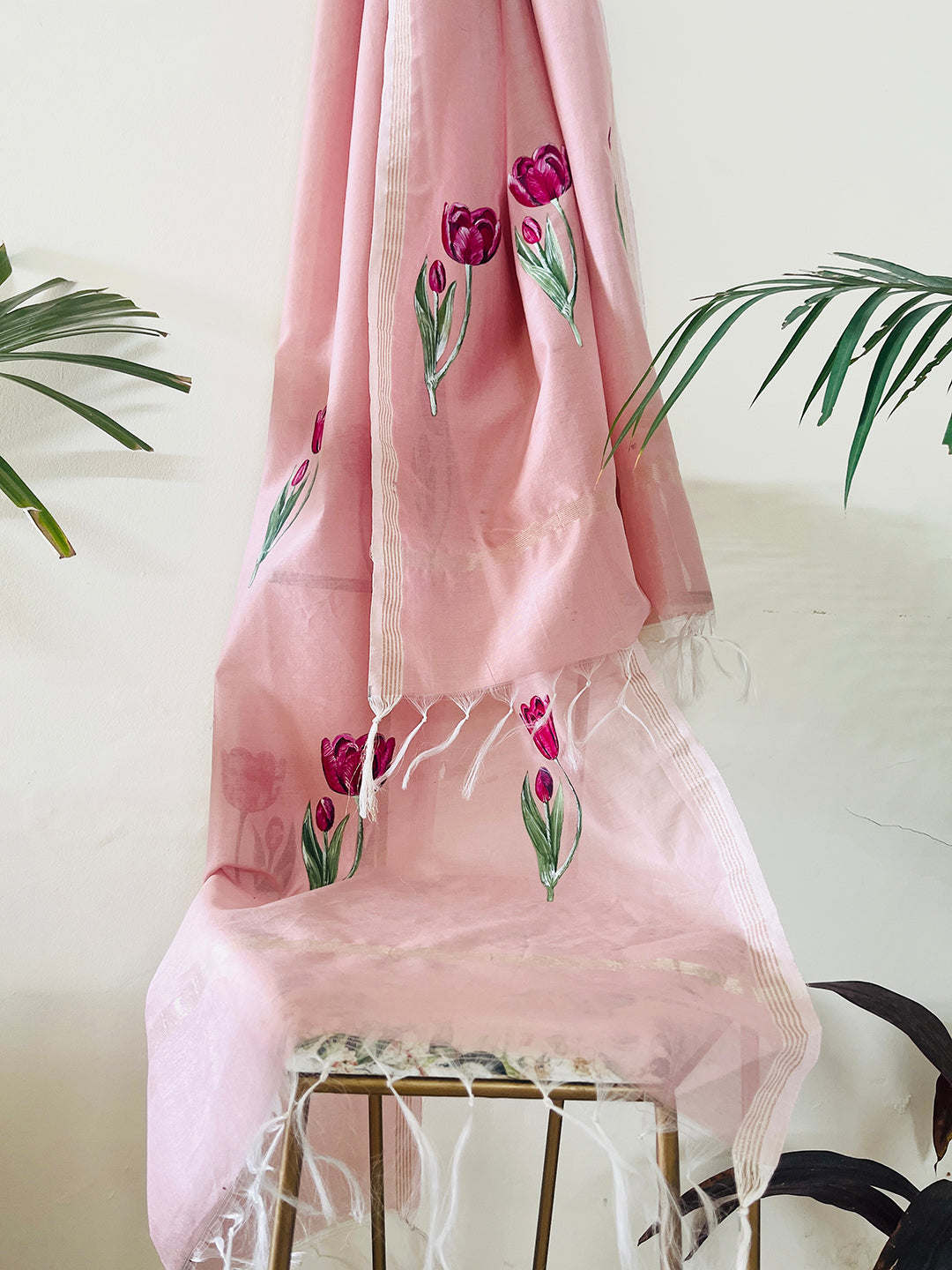 EXCLUSIVE- "MY TULIP GARDEN" HAND PAINTED CHANDERI SILK DUPATTA