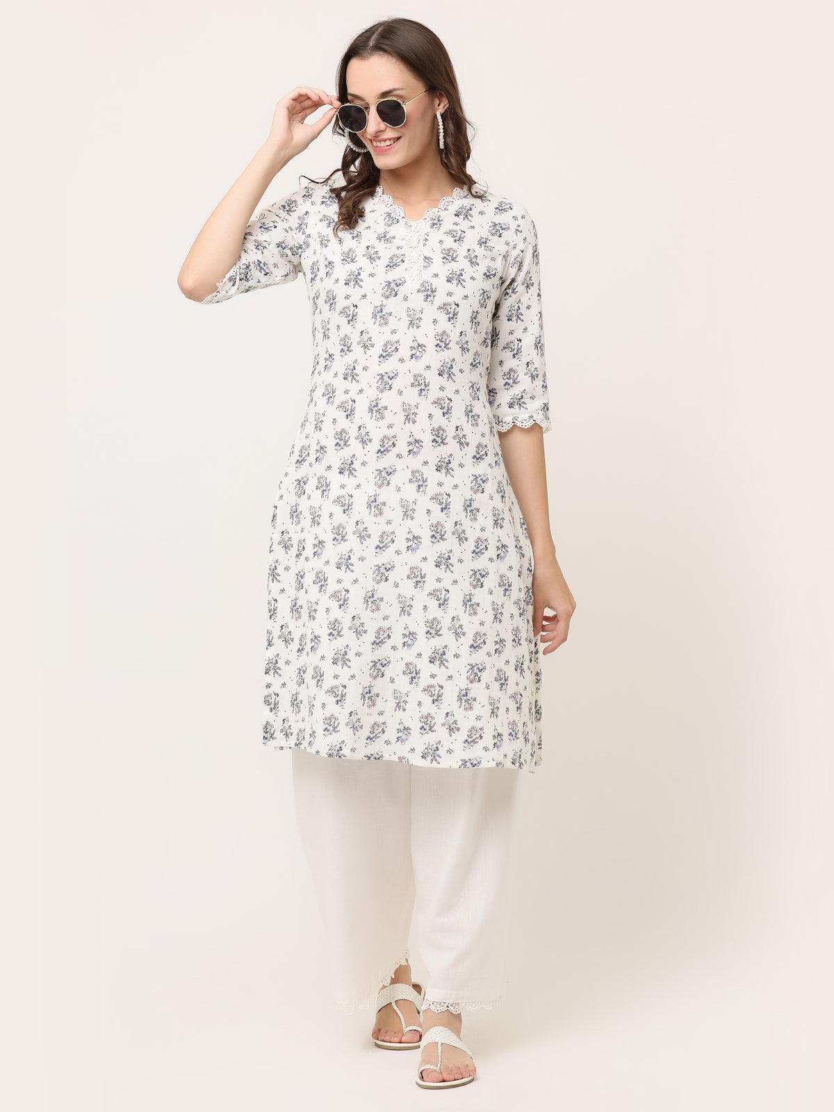 OFF-WHITE FLORAL PRINT KURTA