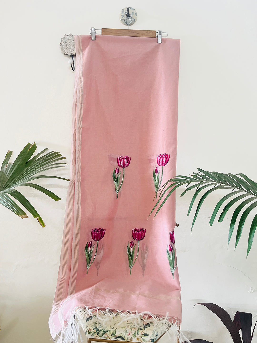 EXCLUSIVE- "MY TULIP GARDEN" HAND PAINTED CHANDERI SILK DUPATTA