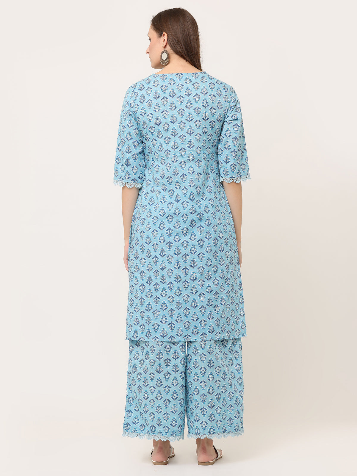 HAND BLOCK PRINTED PACIFIC-BLUE KURTA SET WITH LACE DETAIL