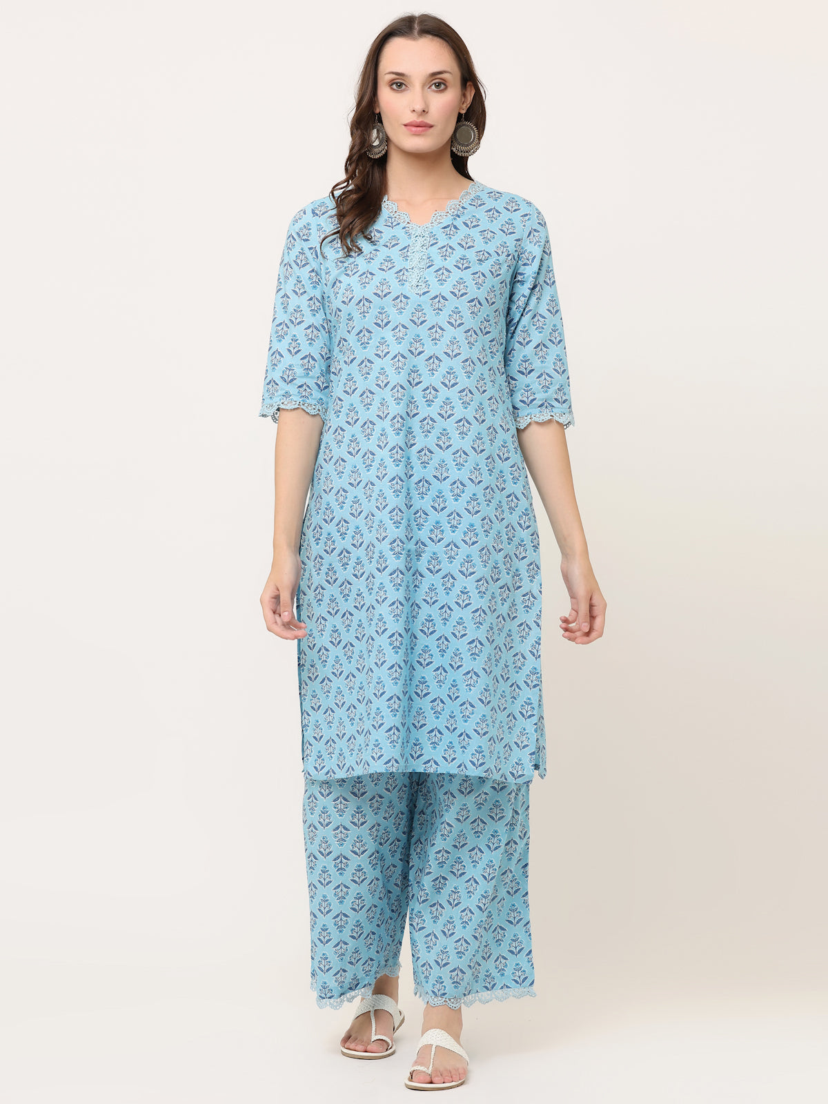 HAND BLOCK PRINTED PACIFIC-BLUE KURTA SET WITH LACE DETAIL