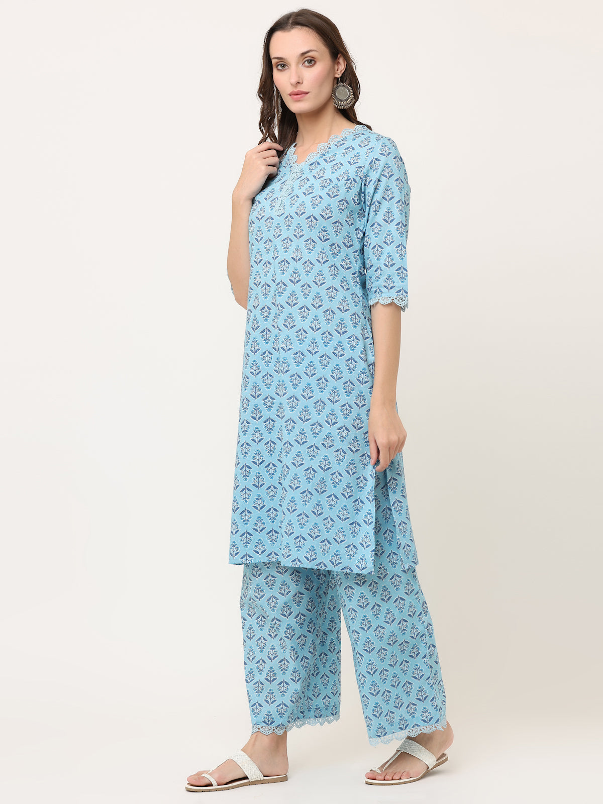 HAND BLOCK PRINTED PACIFIC-BLUE KURTA SET WITH LACE DETAIL