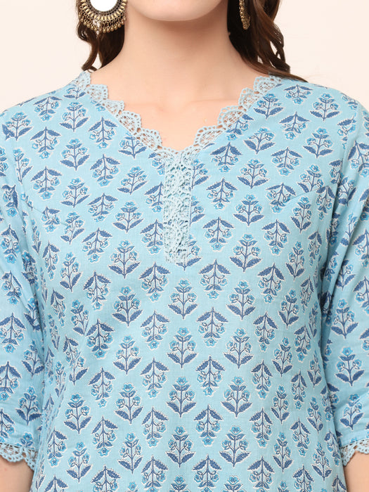 HAND BLOCK PRINTED PACIFIC-BLUE KURTA SET WITH LACE DETAIL