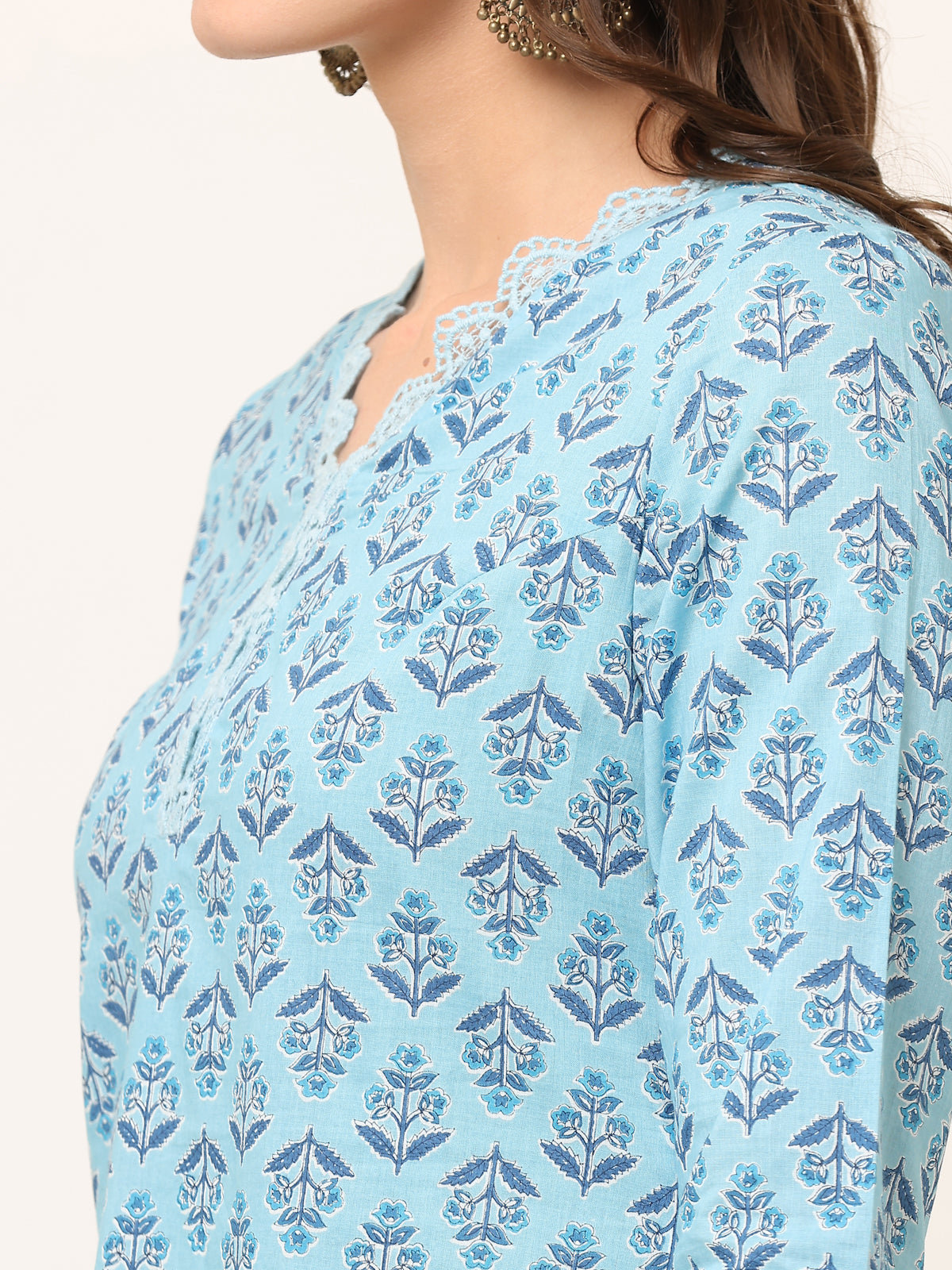 HAND BLOCK PRINTED PACIFIC-BLUE KURTA SET WITH LACE DETAIL