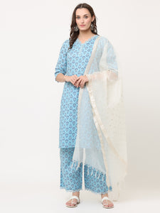 HAND BLOCK PRINTED PACIFIC-BLUE KURTA SET WITH LACE DETAIL