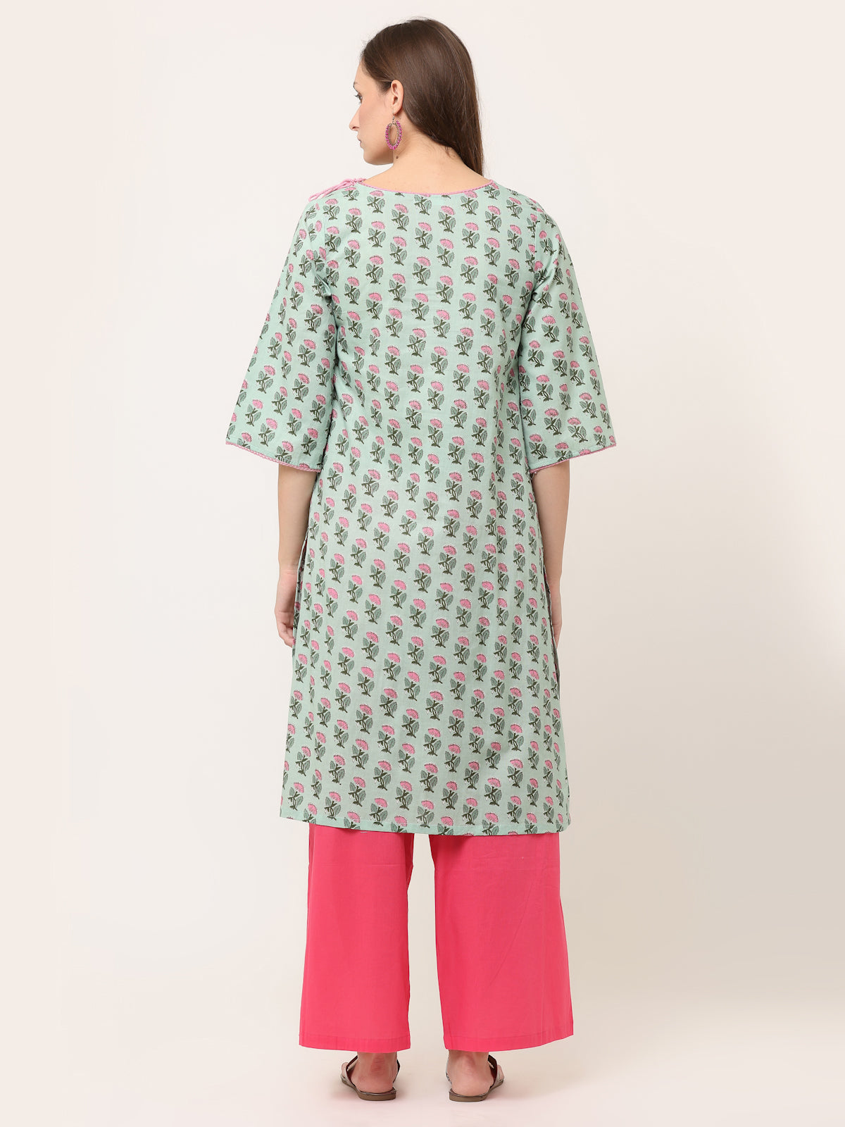 GREEN HAND BLOCK PRINTED KURTA WITH PINK TIE-UP