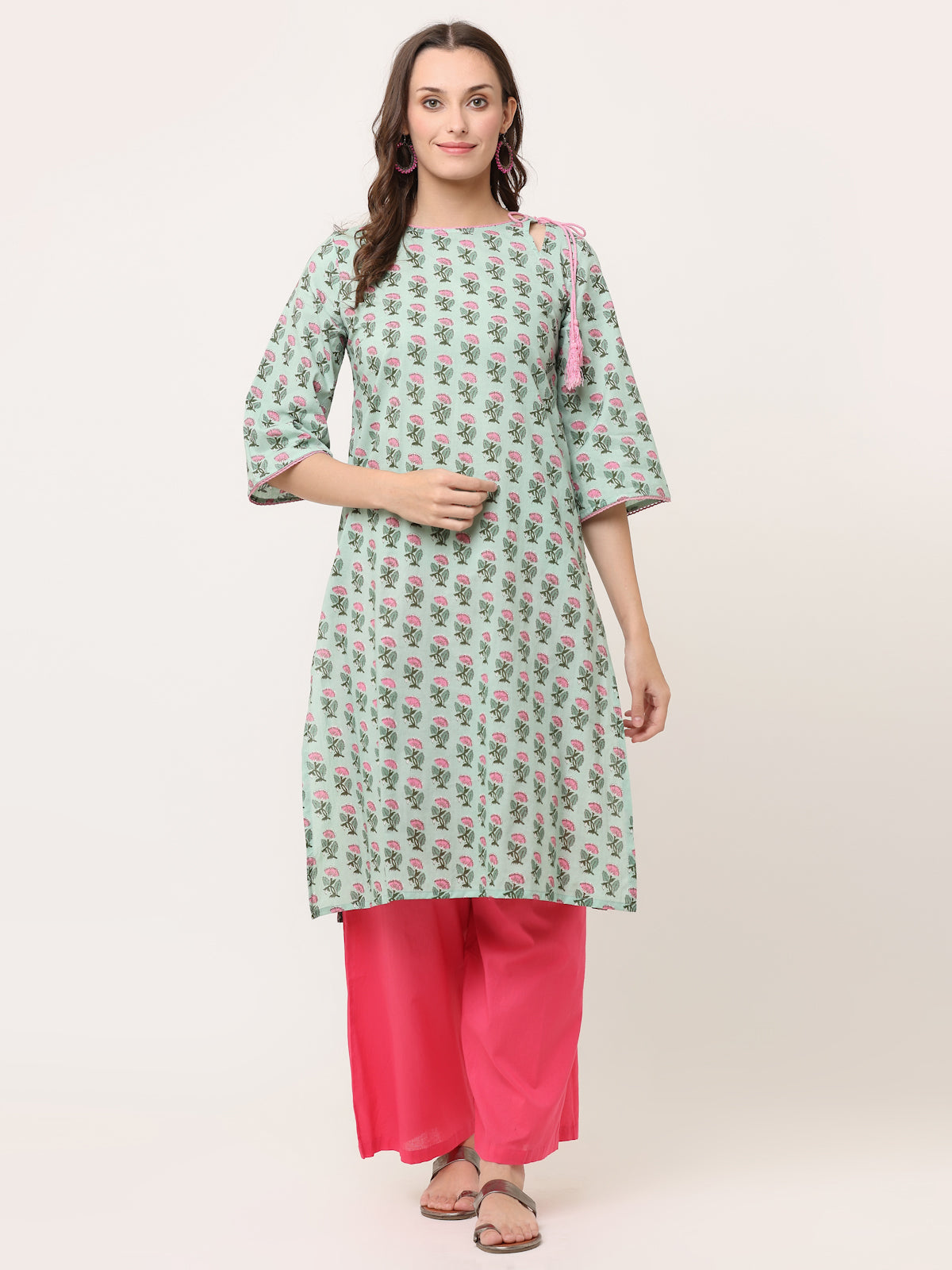 GREEN HAND BLOCK PRINTED KURTA WITH PINK TIE-UP