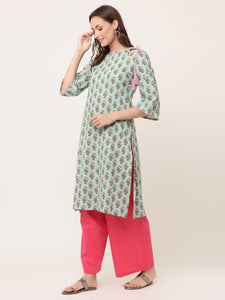 GREEN HAND BLOCK PRINTED KURTA WITH PINK TIE-UP
