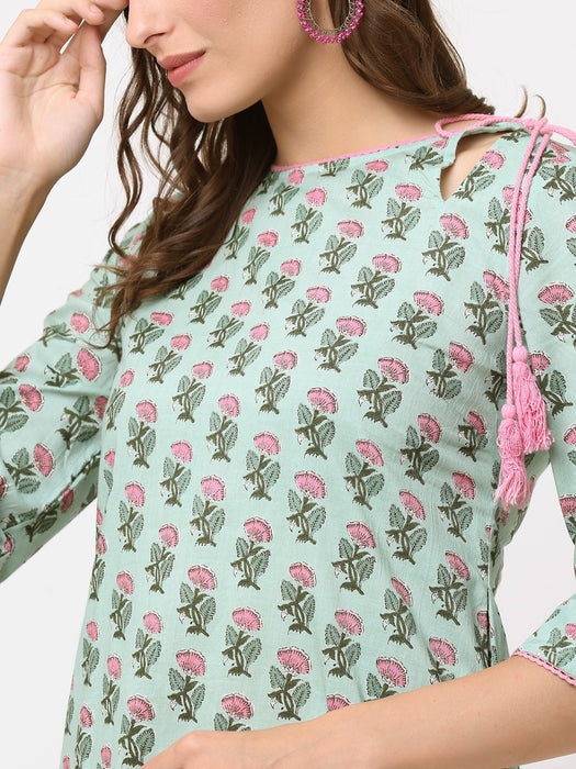 GREEN HAND BLOCK PRINTED KURTA WITH PINK TIE-UP