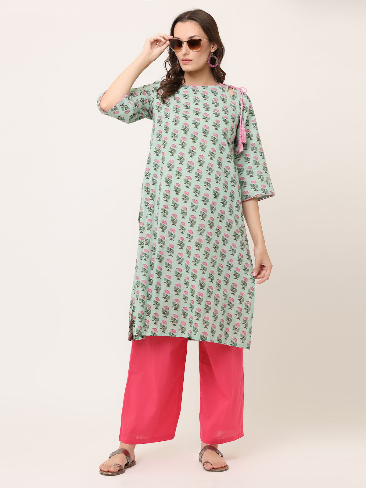 GREEN HAND BLOCK PRINTED KURTA WITH PINK TIE-UP